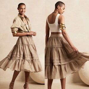 Banana Republic Solstice Ramie Tiered Midi Skirt Iced Latte Beige Womens Size 8